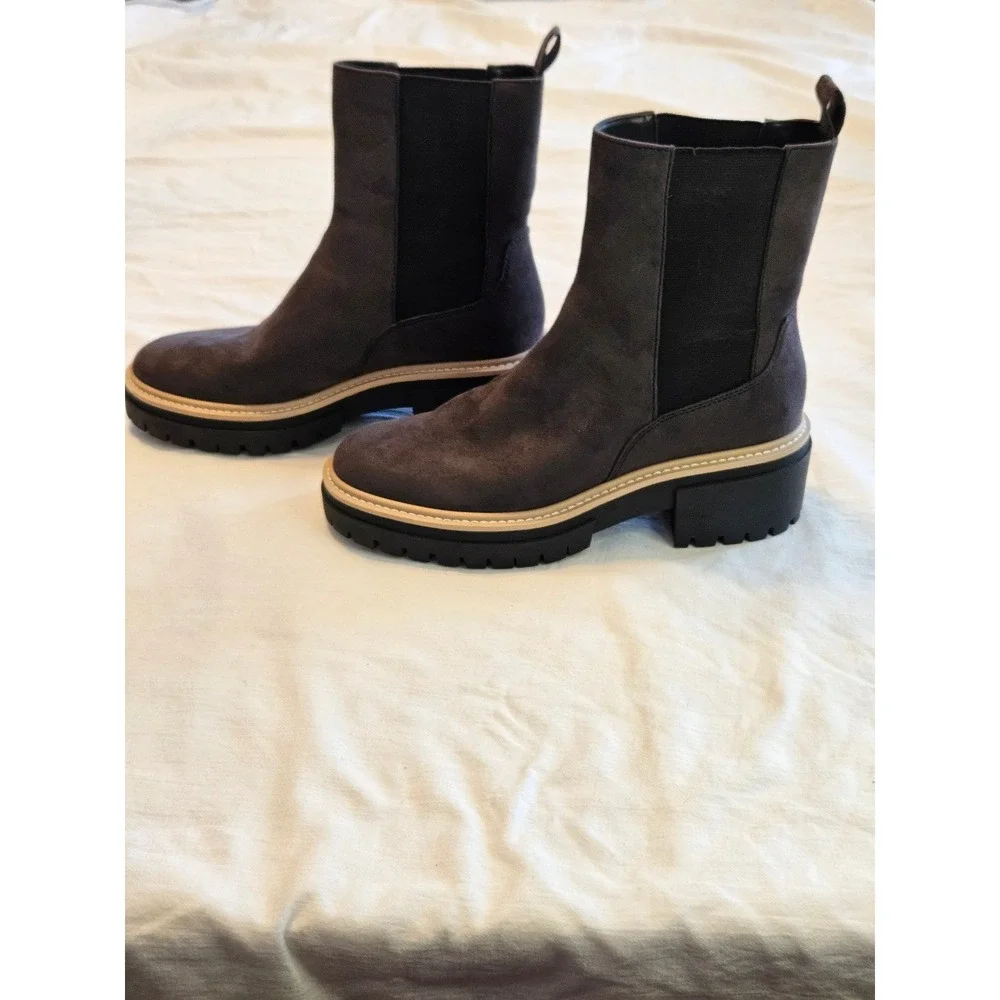 Open Edit Dark Brown‎ Suede Chelsea Boots Chunky Lug Sole Platform Block Heel